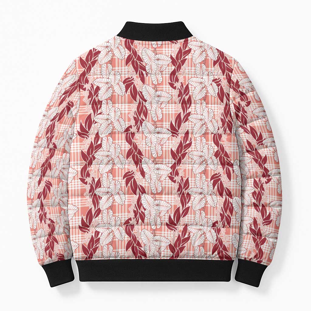 Hawaii Ti Leaf Maile Tuberose Lei Bomber Puffer Jacket With Hanalei Leaf Red