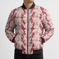 Hawaii Ti Leaf Maile Tuberose Lei Bomber Puffer Jacket With Hanalei Leaf Red