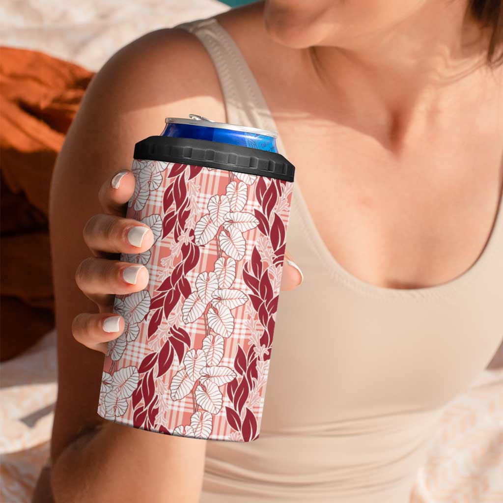 Hawaii Ti Leaf Maile Tuberose Lei 4 in 1 Can Cooler Tumbler With Hanalei Leaf Red