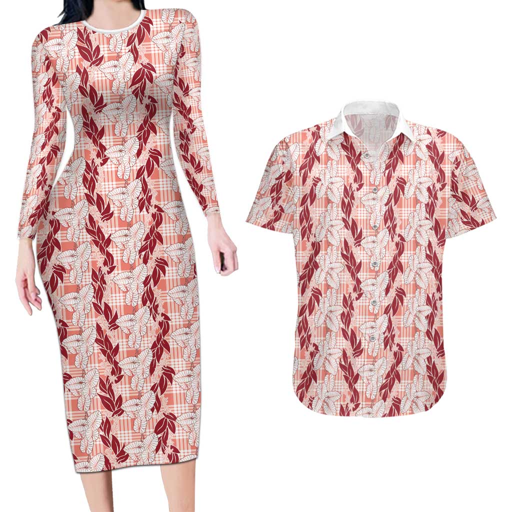 Hawaii Ti Leaf Maile Tuberose Lei Couples Matching Long Sleeve Bodycon Dress and Hawaiian Shirt With Hanalei Leaf Red