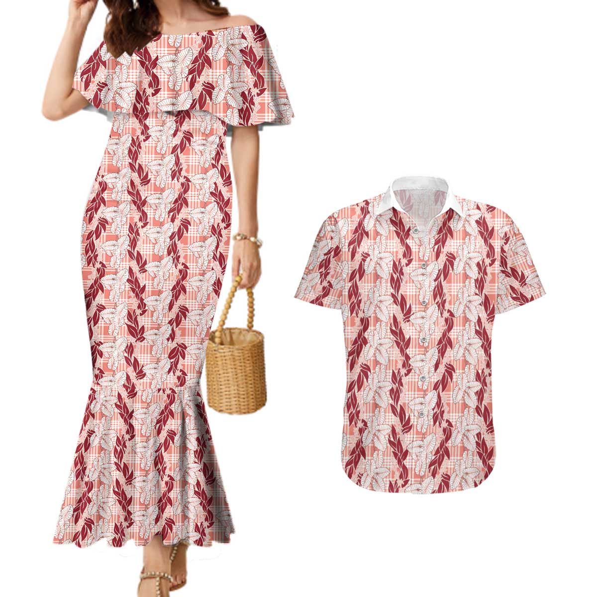 Hawaii Ti Leaf Maile Tuberose Lei Couples Matching Mermaid Dress and Hawaiian Shirt With Hanalei Leaf Red LT05 Red - Polynesian Pride
