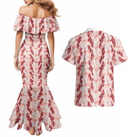 Hawaii Ti Leaf Maile Tuberose Lei Couples Matching Mermaid Dress and Hawaiian Shirt With Hanalei Leaf Red LT05 - Polynesian Pride