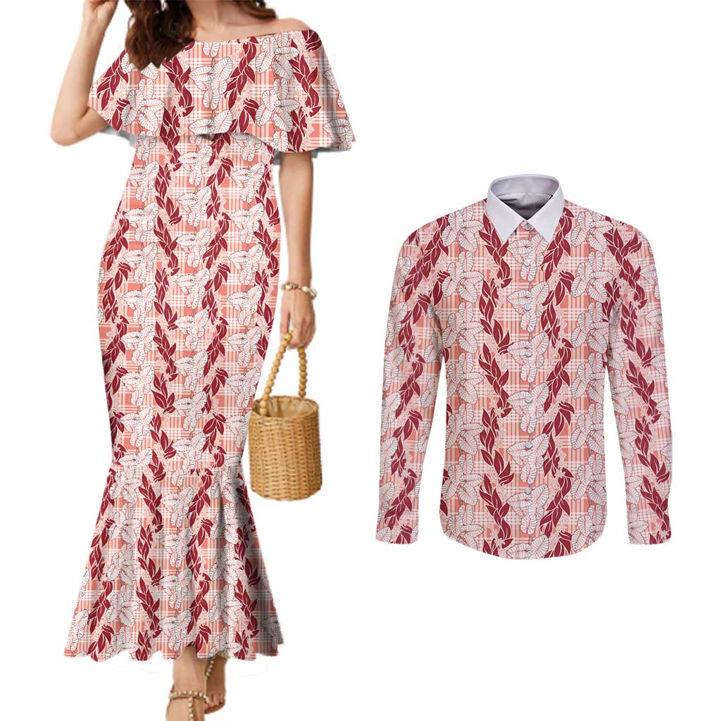 Hawaii Ti Leaf Maile Tuberose Lei Couples Matching Mermaid Dress and Long Sleeve Button Shirt With Hanalei Leaf Red