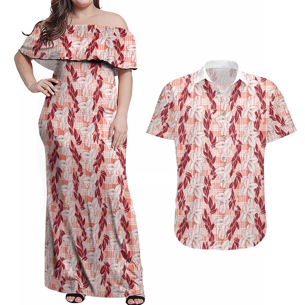 Hawaii Ti Leaf Maile Tuberose Lei Couples Matching Off Shoulder Maxi Dress and Hawaiian Shirt With Hanalei Leaf Red