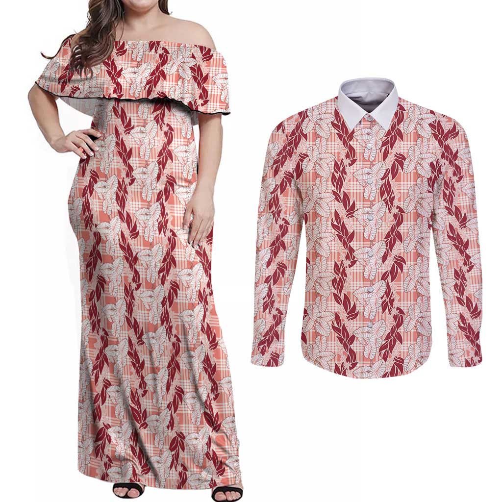 Hawaii Ti Leaf Maile Tuberose Lei Couples Matching Off Shoulder Maxi Dress and Long Sleeve Button Shirt With Hanalei Leaf Red