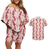 Hawaii Ti Leaf Maile Tuberose Lei Couples Matching Off Shoulder Short Dress and Hawaiian Shirt With Hanalei Leaf Red