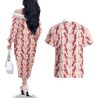 Hawaii Ti Leaf Maile Tuberose Lei Couples Matching Off The Shoulder Long Sleeve Dress and Hawaiian Shirt With Hanalei Leaf Red
