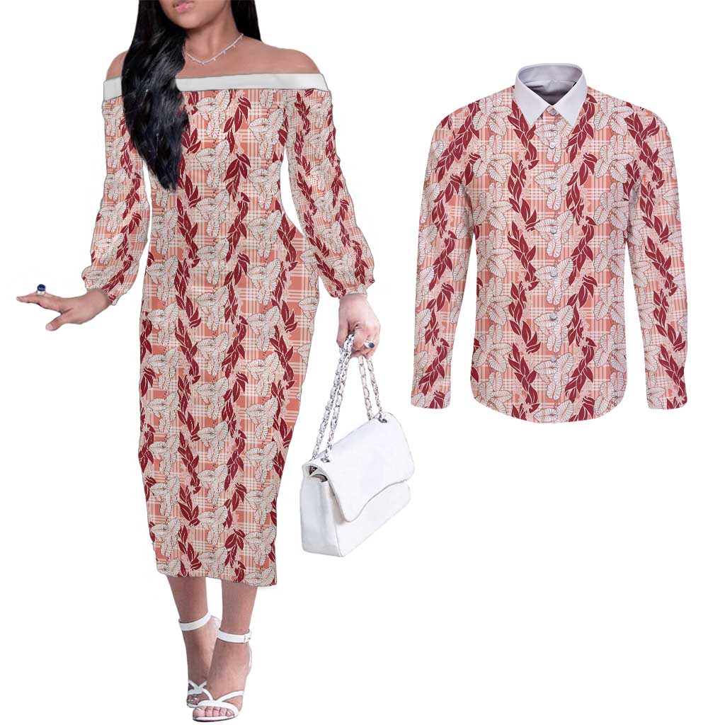 Hawaii Ti Leaf Maile Tuberose Lei Couples Matching Off The Shoulder Long Sleeve Dress and Long Sleeve Button Shirt With Hanalei Leaf Red