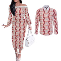Hawaii Ti Leaf Maile Tuberose Lei Couples Matching Off The Shoulder Long Sleeve Dress and Long Sleeve Button Shirt With Hanalei Leaf Red