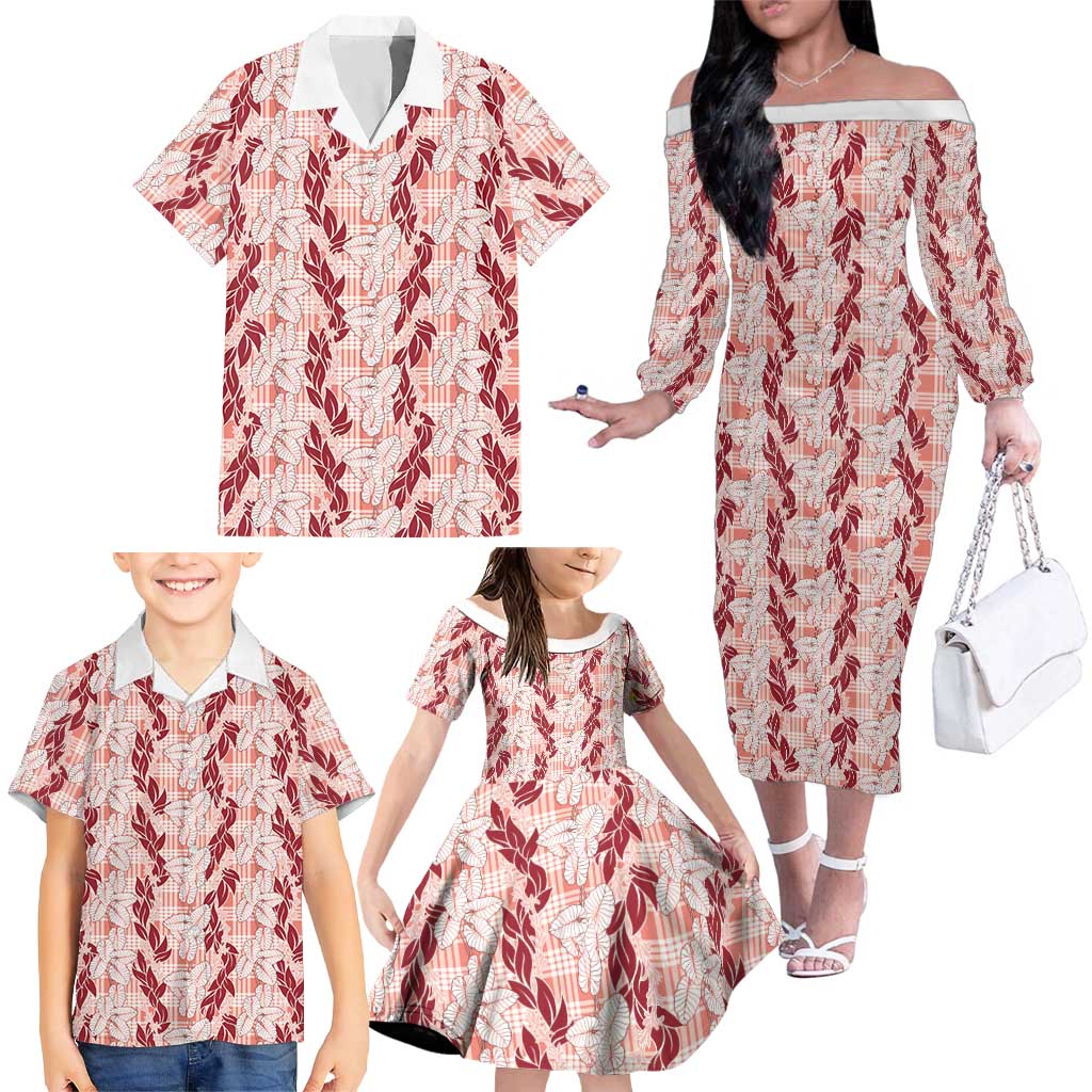 Hawaii Ti Leaf Maile Tuberose Lei Family Matching Off The Shoulder Long Sleeve Dress and Hawaiian Shirt With Hanalei Leaf Red LT05 - Polynesian Pride