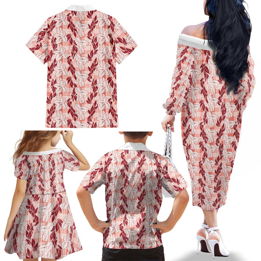 Hawaii Ti Leaf Maile Tuberose Lei Family Matching Off The Shoulder Long Sleeve Dress and Hawaiian Shirt With Hanalei Leaf Red LT05 - Polynesian Pride