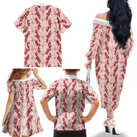 Hawaii Ti Leaf Maile Tuberose Lei Family Matching Off The Shoulder Long Sleeve Dress and Hawaiian Shirt With Hanalei Leaf Red LT05 - Polynesian Pride