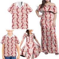 Hawaii Ti Leaf Maile Tuberose Lei Family Matching Off Shoulder Maxi Dress and Hawaiian Shirt With Hanalei Leaf Red