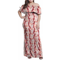 Hawaii Ti Leaf Maile Tuberose Lei Family Matching Off Shoulder Maxi Dress and Hawaiian Shirt With Hanalei Leaf Red