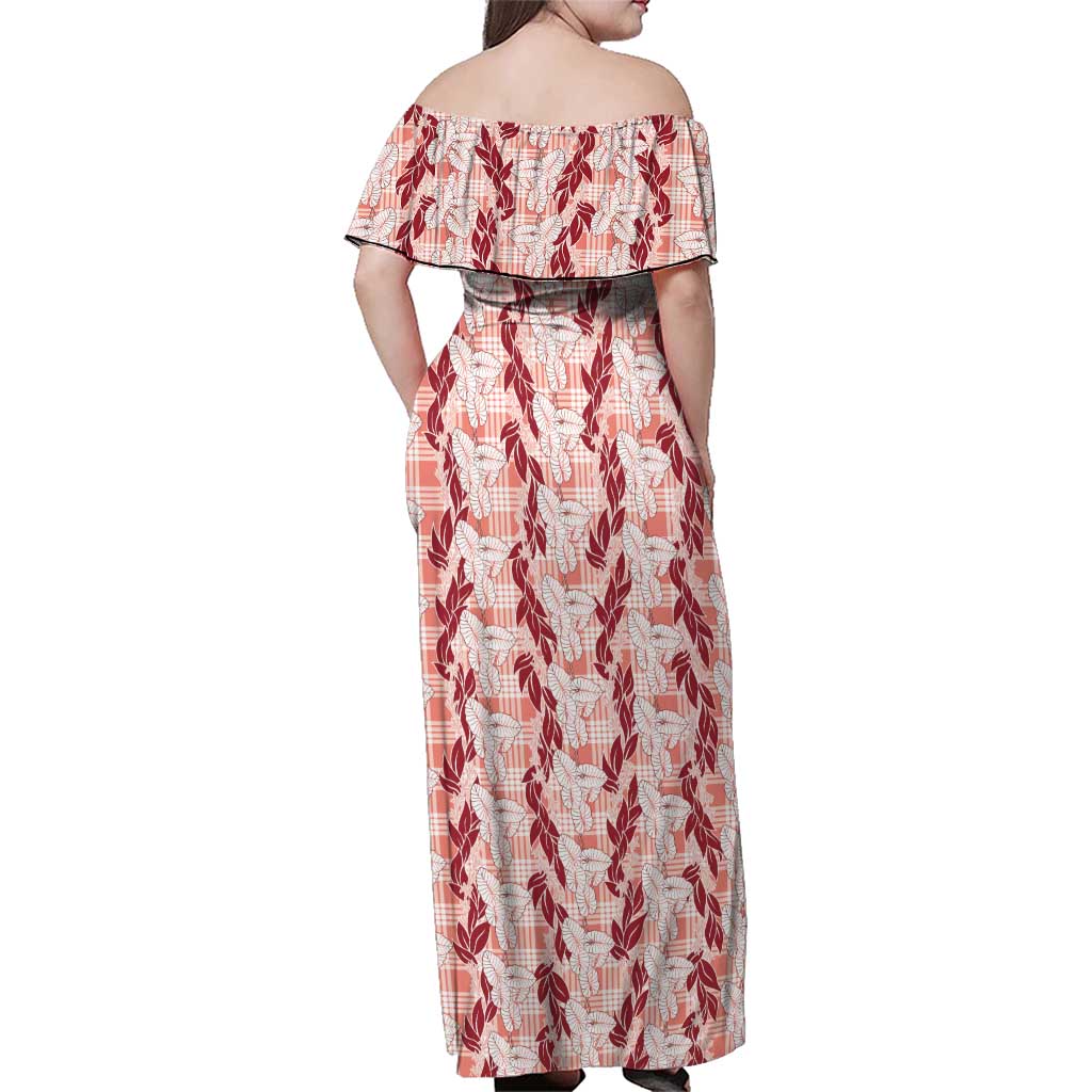 Hawaii Ti Leaf Maile Tuberose Lei Family Matching Off Shoulder Maxi Dress and Hawaiian Shirt With Hanalei Leaf Red