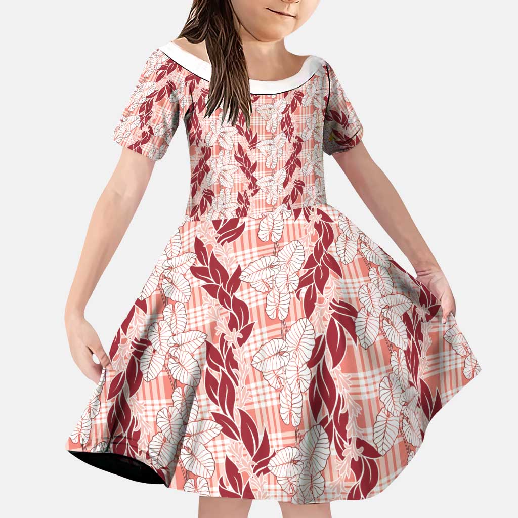 Hawaii Ti Leaf Maile Tuberose Lei Family Matching Off Shoulder Short Dress and Hawaiian Shirt With Hanalei Leaf Red LT05 Daughter's Dress Red - Polynesian Pride