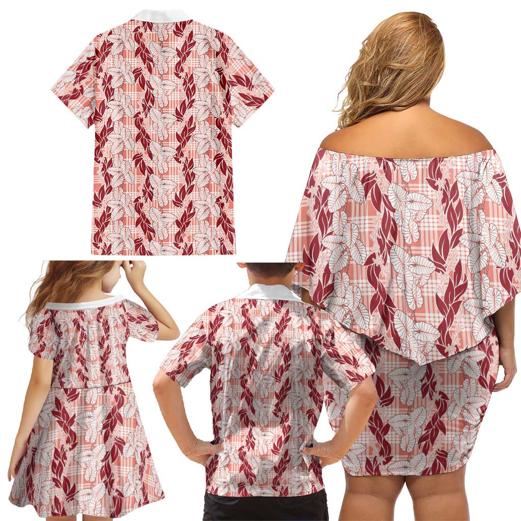Hawaii Ti Leaf Maile Tuberose Lei Family Matching Off Shoulder Short Dress and Hawaiian Shirt With Hanalei Leaf Red LT05 - Polynesian Pride