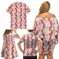 Hawaii Ti Leaf Maile Tuberose Lei Family Matching Off Shoulder Short Dress and Hawaiian Shirt With Hanalei Leaf Red LT05 - Polynesian Pride