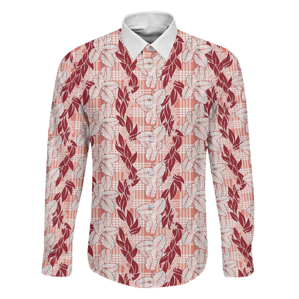 Hawaii Ti Leaf Maile Tuberose Lei Family Matching Off Shoulder Short Dress and Hawaiian Shirt With Hanalei Leaf Red LT05 Dad's Shirt - Long Sleeve Red - Polynesian Pride