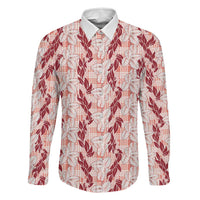 Hawaii Ti Leaf Maile Tuberose Lei Family Matching Off Shoulder Short Dress and Hawaiian Shirt With Hanalei Leaf Red LT05 Dad's Shirt - Long Sleeve Red - Polynesian Pride