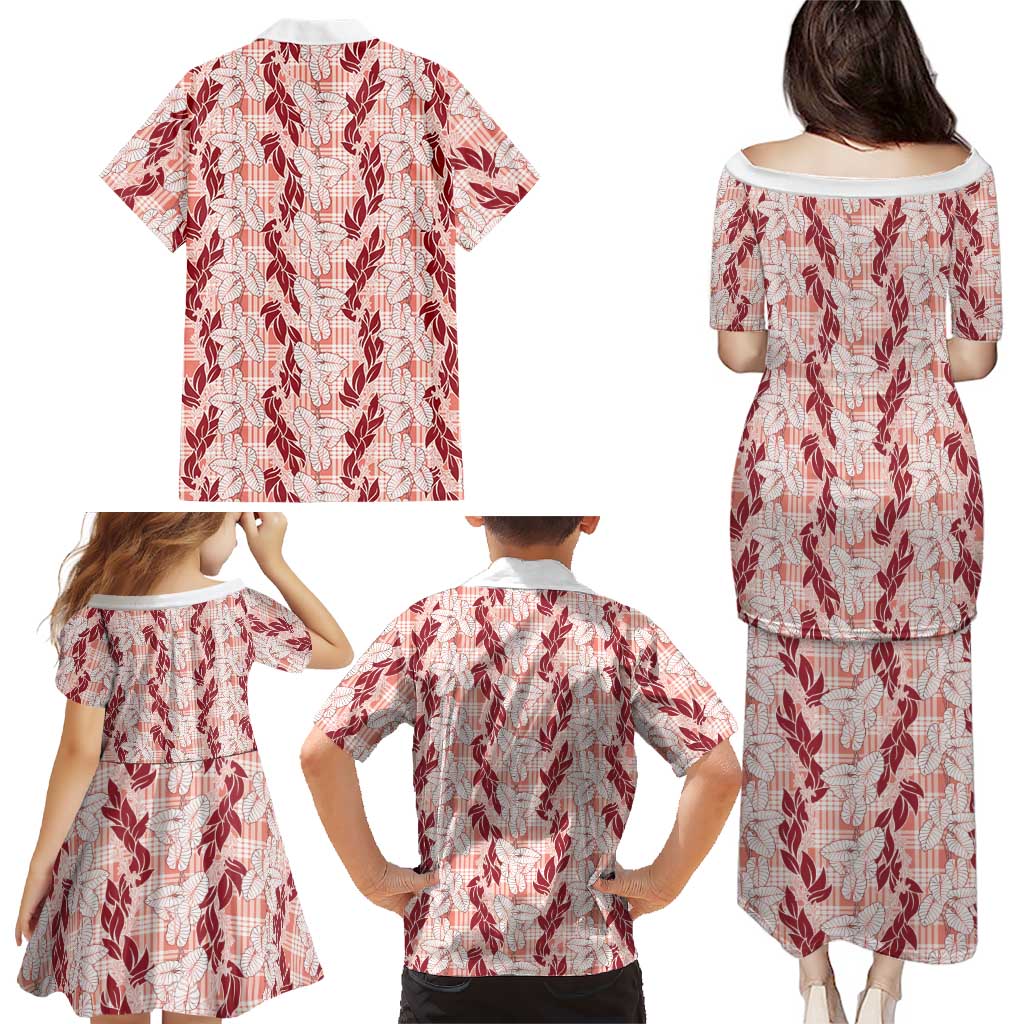 Hawaii Ti Leaf Maile Tuberose Lei Family Matching Puletasi and Hawaiian Shirt With Hanalei Leaf Red