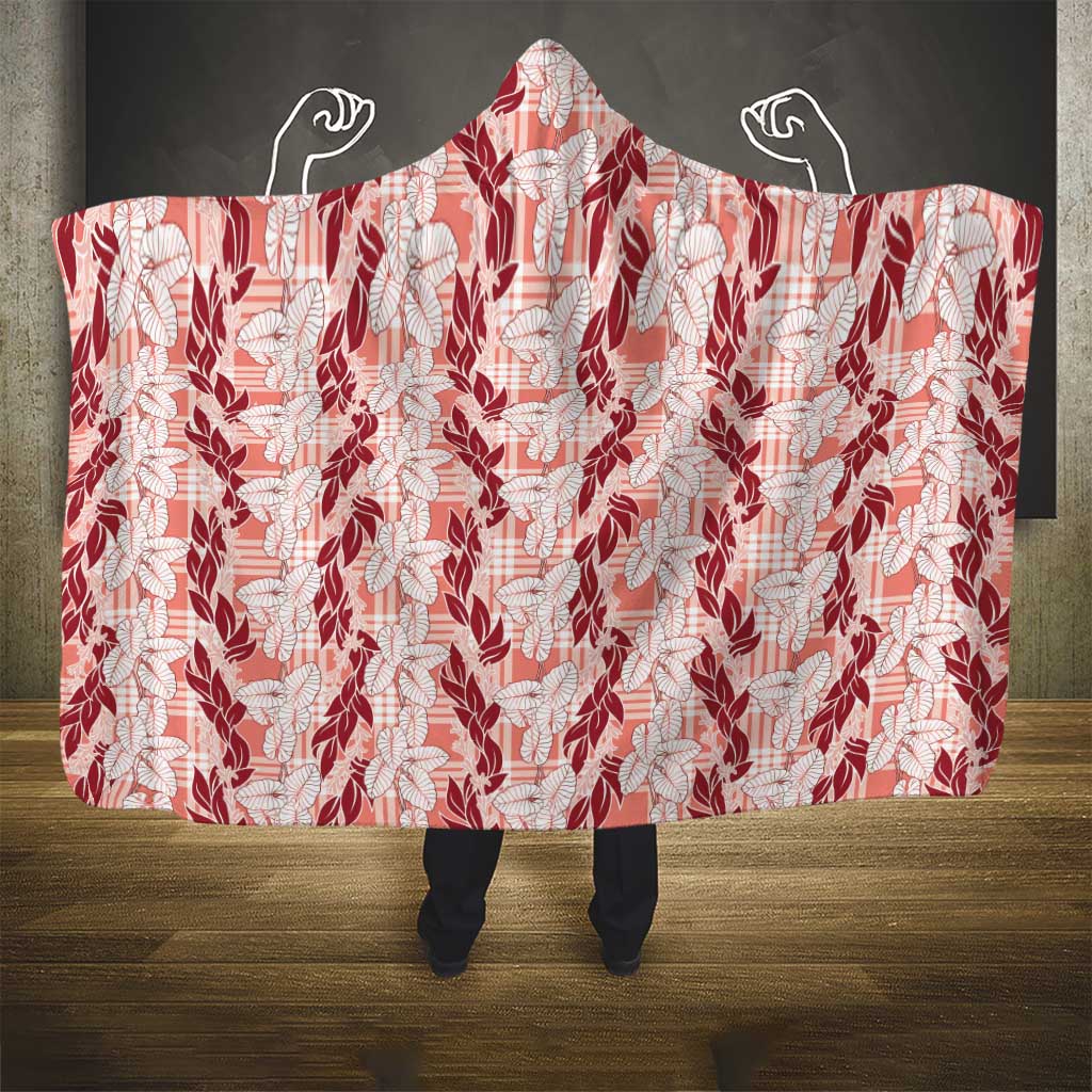 Hawaii Ti Leaf Maile Tuberose Lei Hooded Blanket With Hanalei Leaf Red