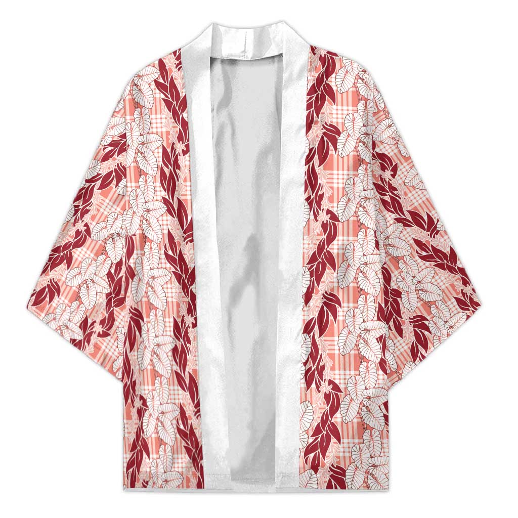 Hawaii Ti Leaf Maile Tuberose Lei Kimono With Hanalei Leaf Red