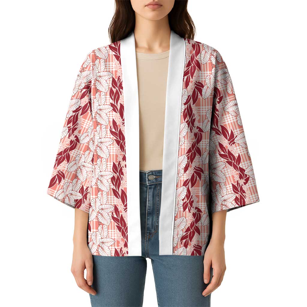 Hawaii Ti Leaf Maile Tuberose Lei Kimono With Hanalei Leaf Red