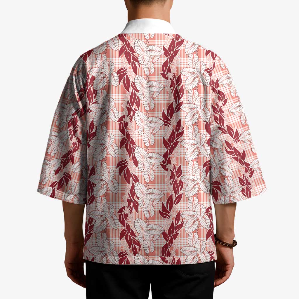 Hawaii Ti Leaf Maile Tuberose Lei Kimono With Hanalei Leaf Red