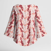 Hawaii Ti Leaf Maile Tuberose Lei Kimono Sleeve Blouse With Hanalei Leaf Red