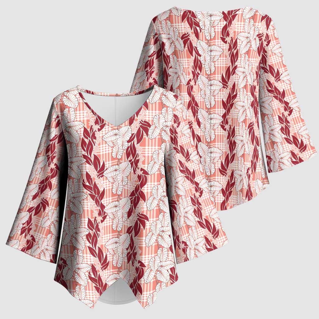 Hawaii Ti Leaf Maile Tuberose Lei Kimono Sleeve Blouse With Hanalei Leaf Red