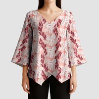 Hawaii Ti Leaf Maile Tuberose Lei Kimono Sleeve Blouse With Hanalei Leaf Red