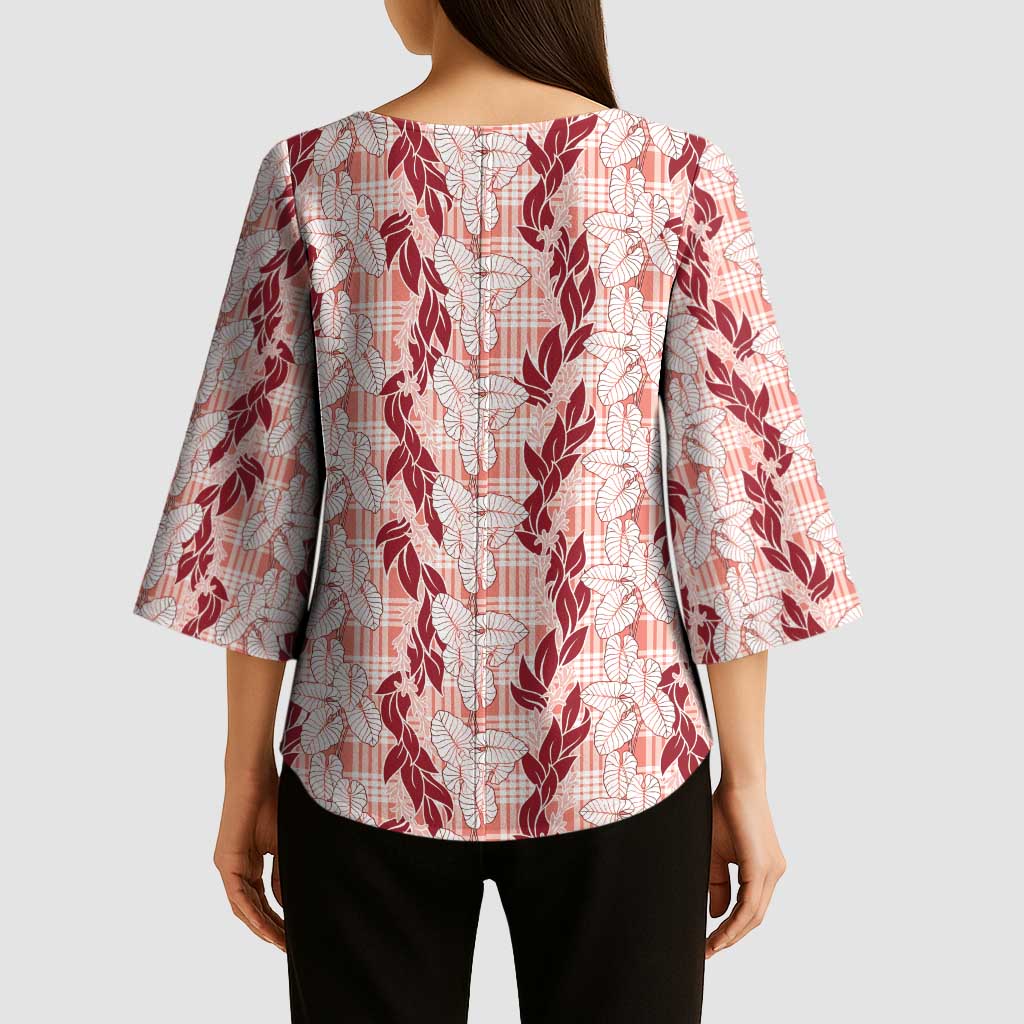 Hawaii Ti Leaf Maile Tuberose Lei Kimono Sleeve Blouse With Hanalei Leaf Red