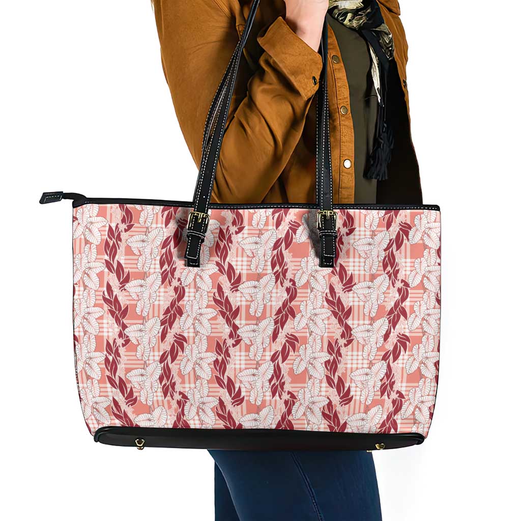 Hawaii Ti Leaf Maile Tuberose Lei Leather Tote Bag With Hanalei Leaf Red