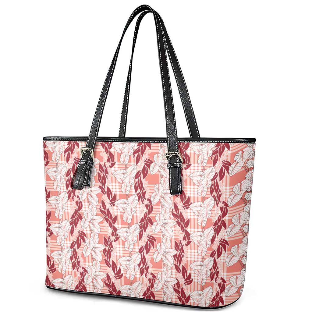 Hawaii Ti Leaf Maile Tuberose Lei Leather Tote Bag With Hanalei Leaf Red