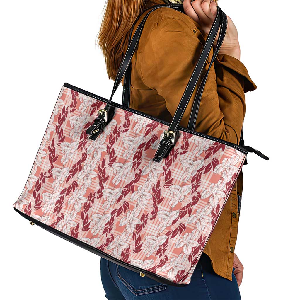 Hawaii Ti Leaf Maile Tuberose Lei Leather Tote Bag With Hanalei Leaf Red