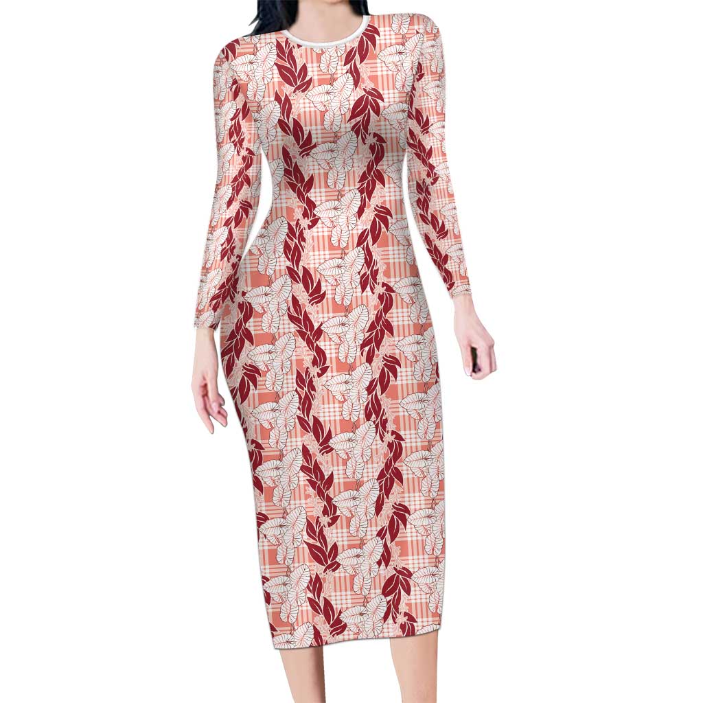 Hawaii Ti Leaf Maile Tuberose Lei Long Sleeve Bodycon Dress With Hanalei Leaf Red