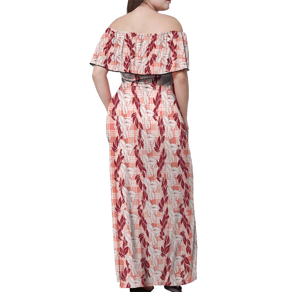 Hawaii Ti Leaf Maile Tuberose Lei Off Shoulder Maxi Dress With Hanalei Leaf Red