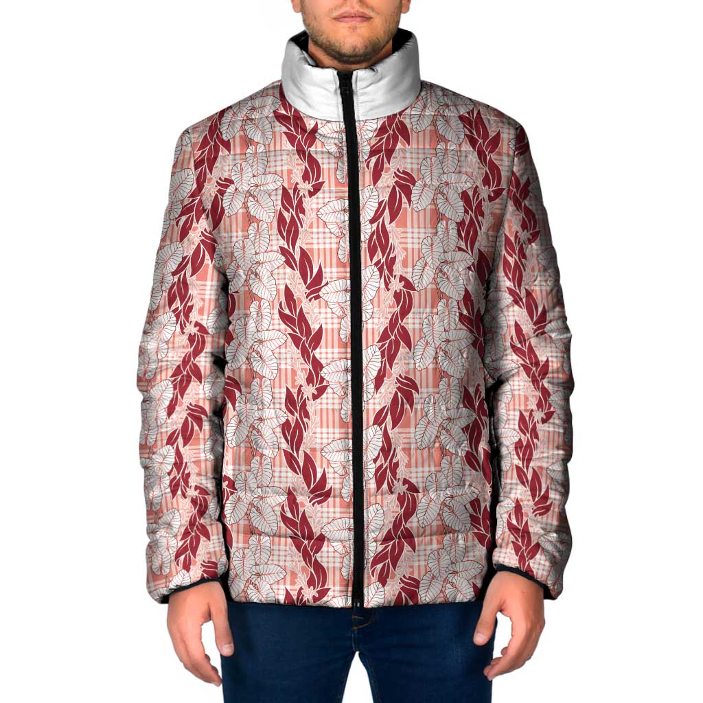 Hawaii Ti Leaf Maile Tuberose Lei Padded Jacket With Hanalei Leaf Red