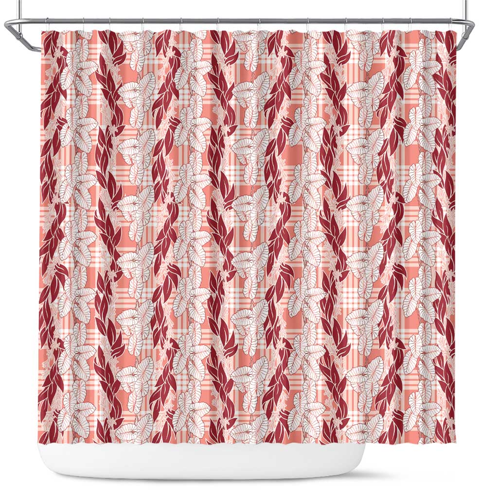Hawaii Ti Leaf Maile Tuberose Lei Shower Curtain With Hanalei Leaf Red