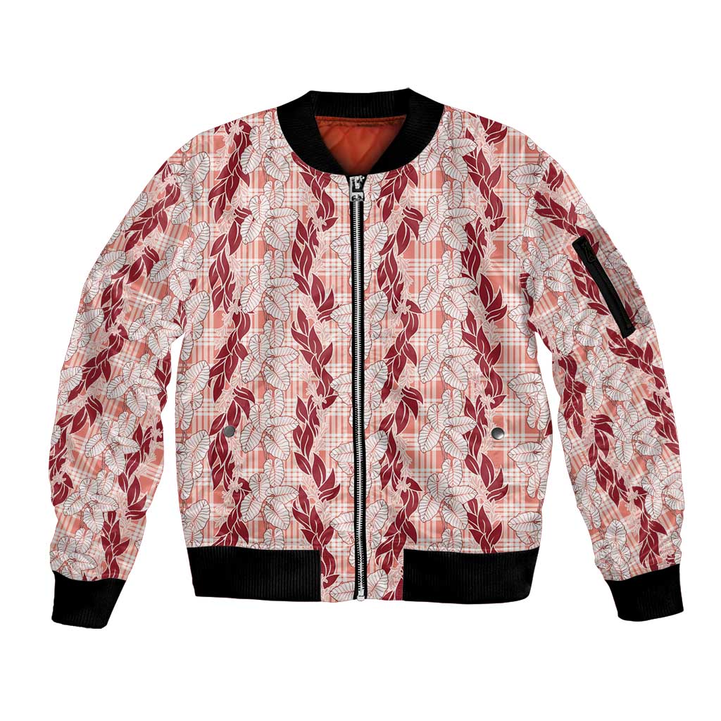 Hawaii Ti Leaf Maile Tuberose Lei Sleeve Zip Bomber Jacket With Hanalei Leaf Red