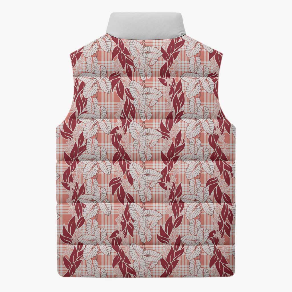 Hawaii Ti Leaf Maile Tuberose Lei Sleeveless Puffer Jacket With Hanalei Leaf Red