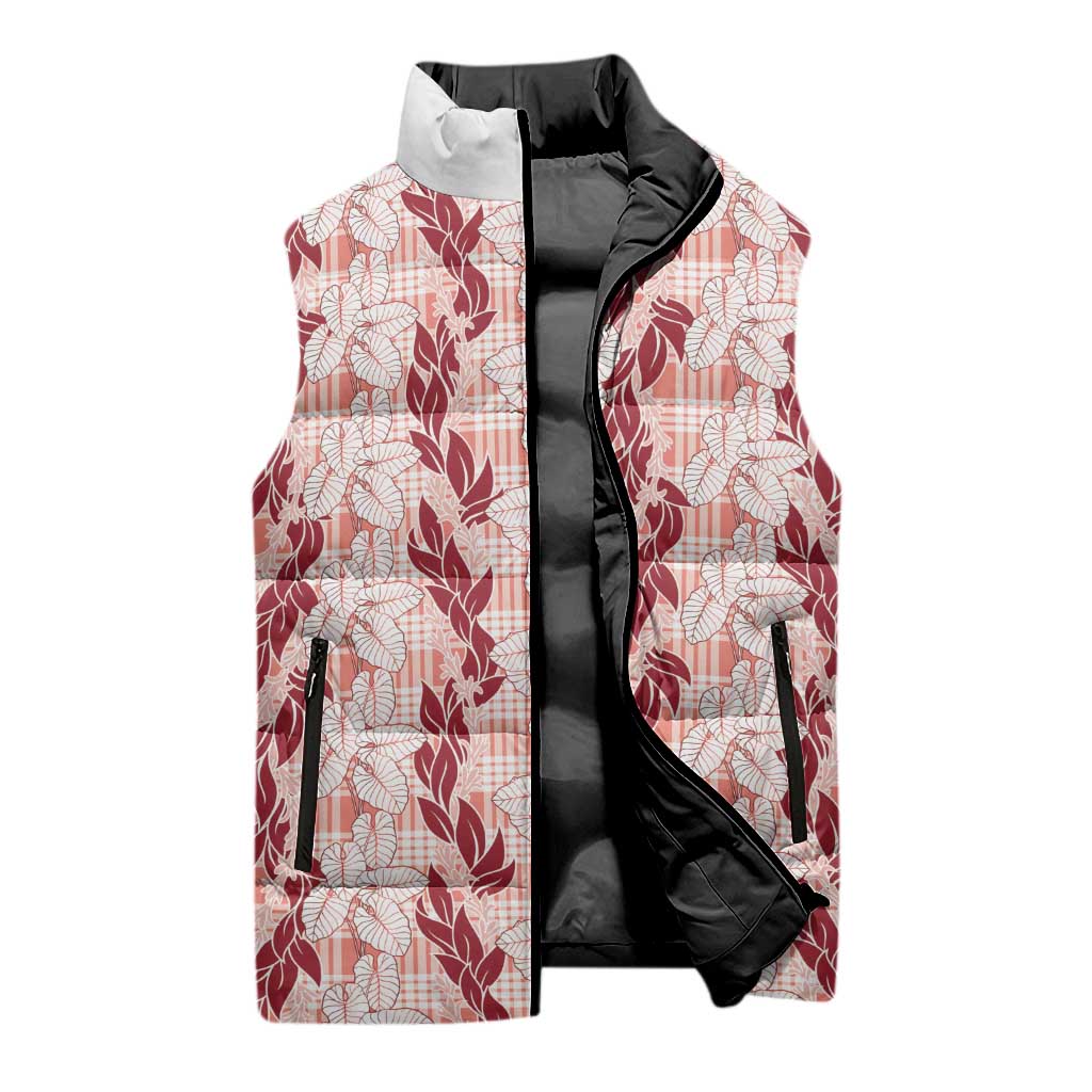 Hawaii Ti Leaf Maile Tuberose Lei Sleeveless Puffer Jacket With Hanalei Leaf Red