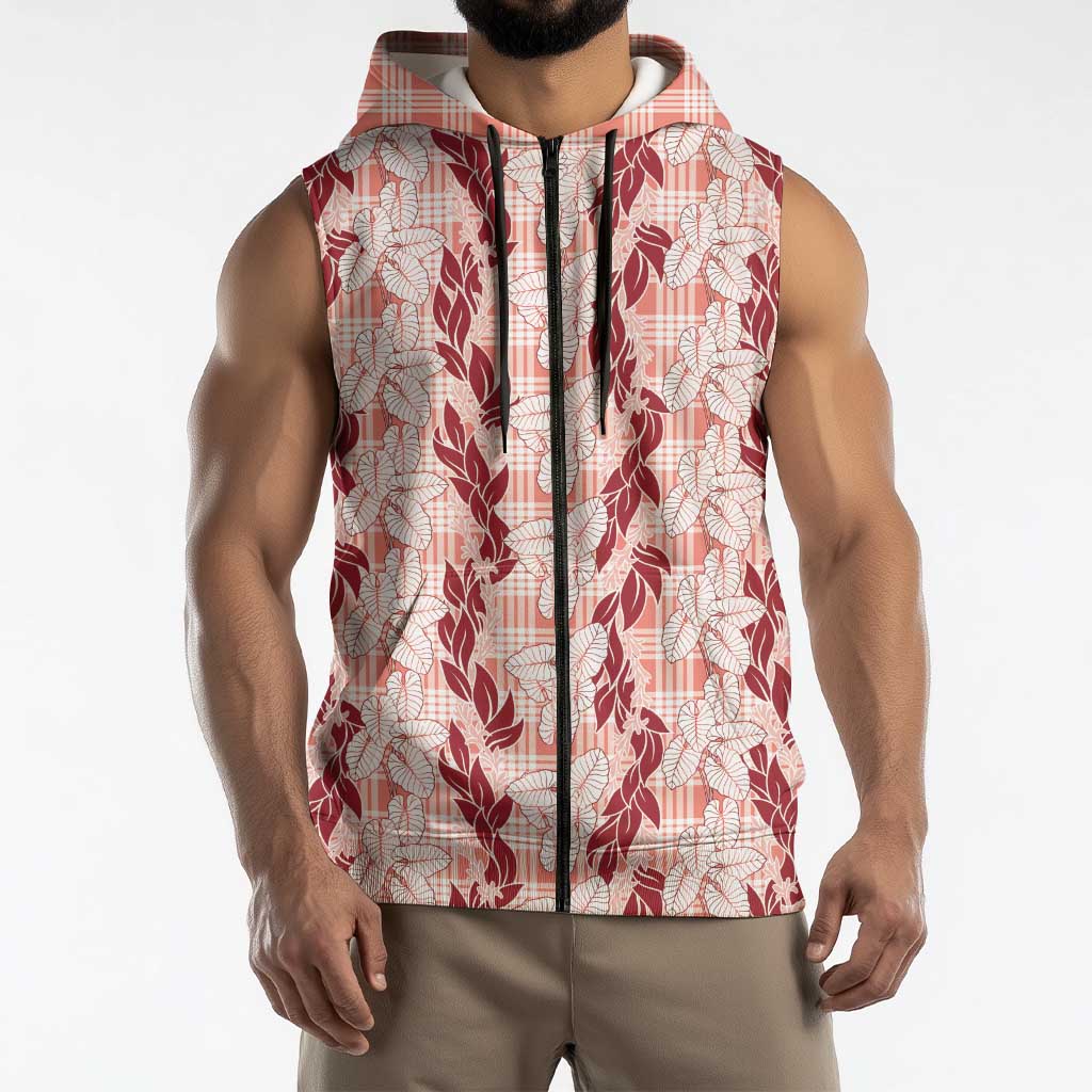 Hawaii Ti Leaf Maile Tuberose Lei Sleeveless Zip Hoodie With Hanalei Leaf Red