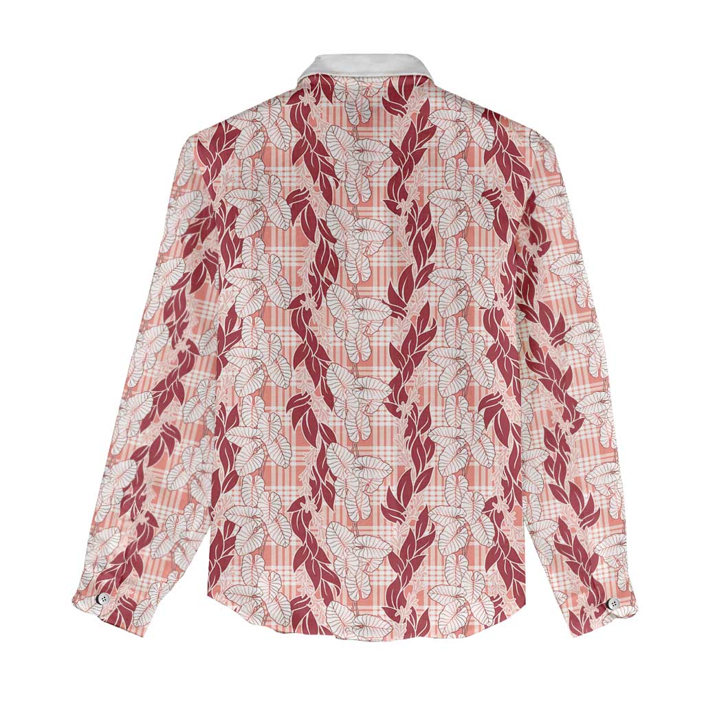 Hawaii Ti Leaf Maile Tuberose Lei Women Casual Shirt With Hanalei Leaf Red