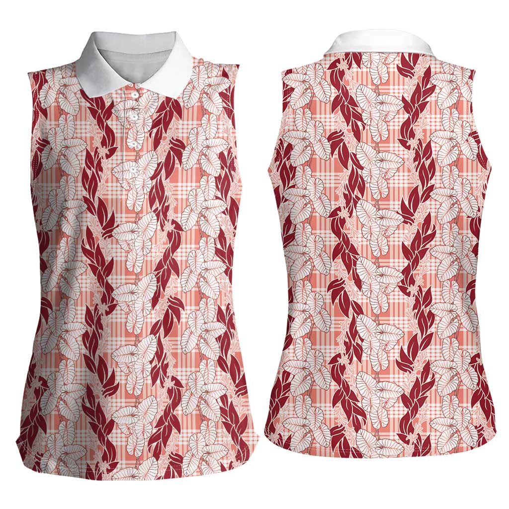 Hawaii Ti Leaf Maile Tuberose Lei Women Sleeveless Polo Shirt With Hanalei Leaf Red