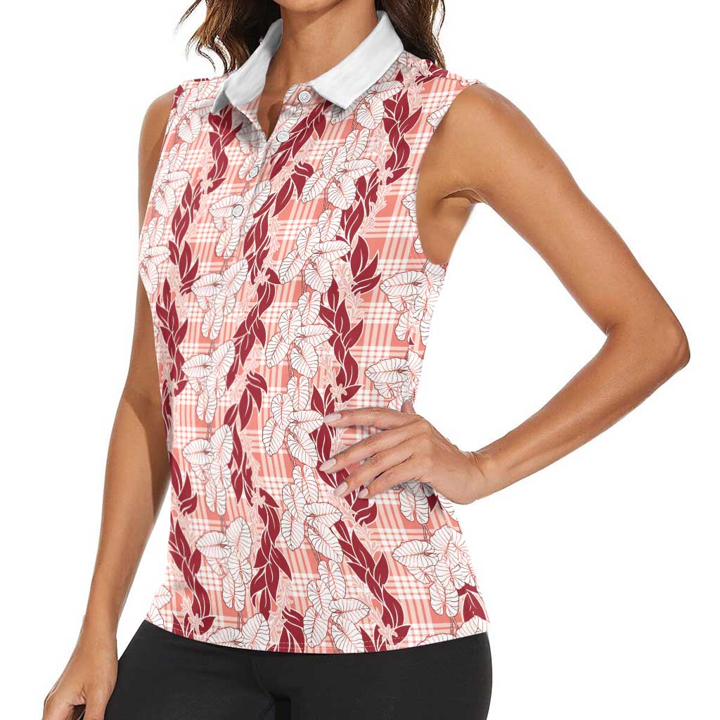 Hawaii Ti Leaf Maile Tuberose Lei Women Sleeveless Polo Shirt With Hanalei Leaf Red