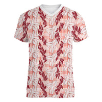 Hawaii Ti Leaf Maile Tuberose Lei Women V-Neck T-Shirt With Hanalei Leaf Red