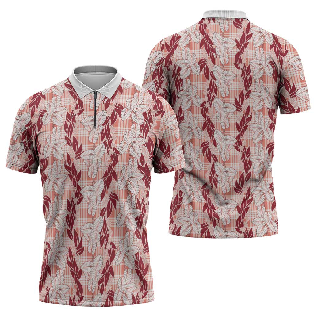 Hawaii Ti Leaf Maile Tuberose Lei Zipper Polo Shirt With Hanalei Leaf Red