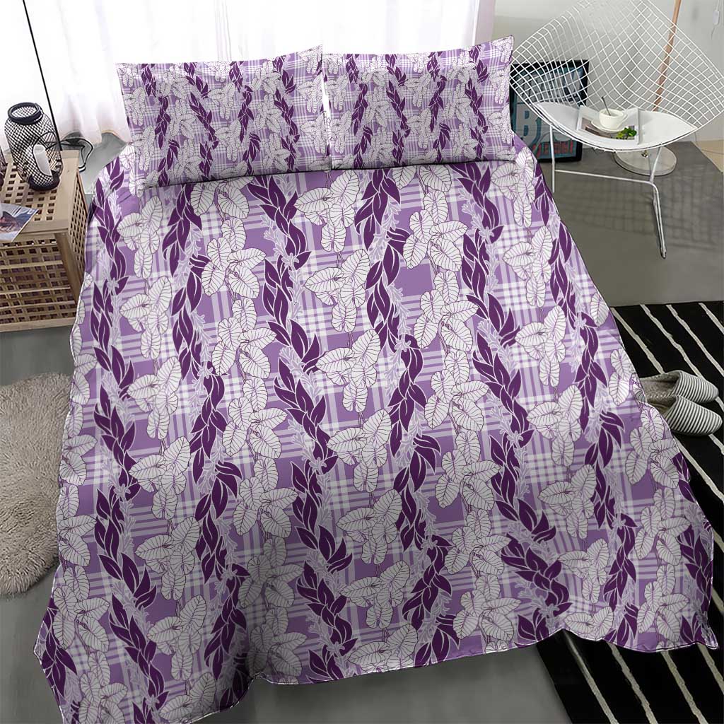Hawaii Ti Leaf Maile Tuberose Lei Bedding Set With Hanalei Leaf Purple
